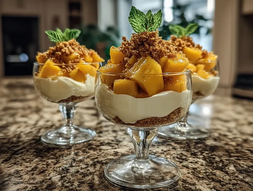 Verrines de pêche au mascarpone et éclats de spéculoos