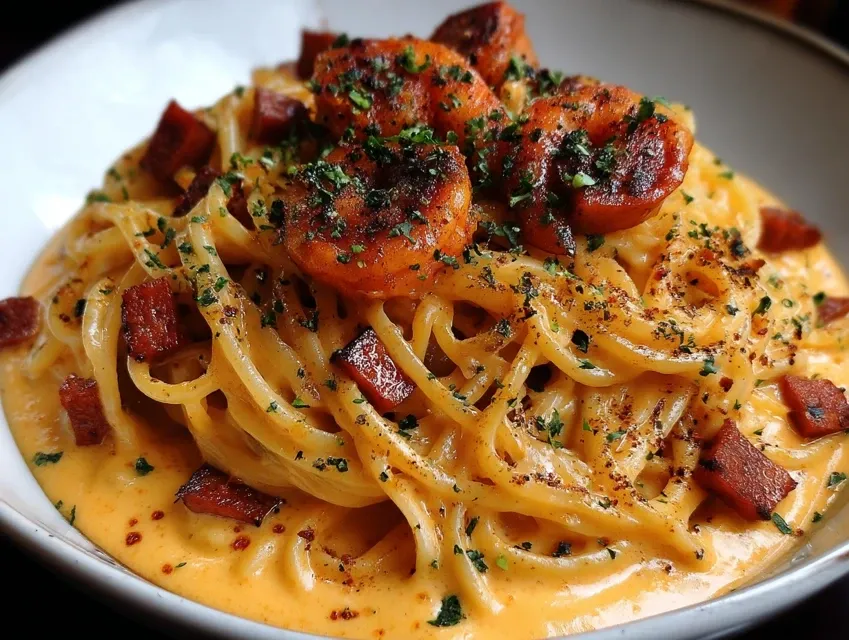 Spaghetti with Creamy Pepper Sauce, Chorizo, et Crevettes