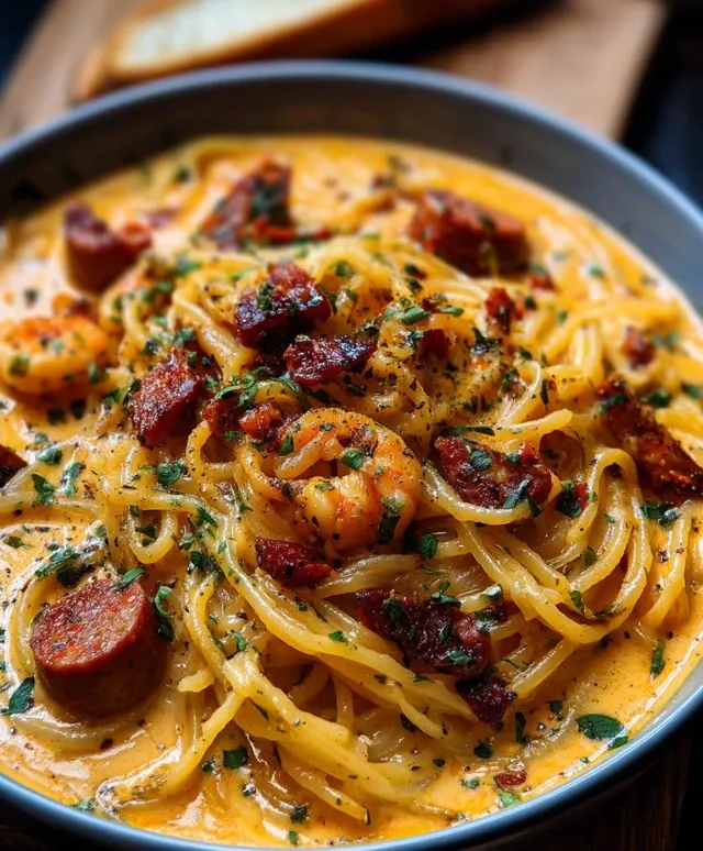 Spaghetti with Creamy Pepper Sauce, Chorizo, et Crevettes