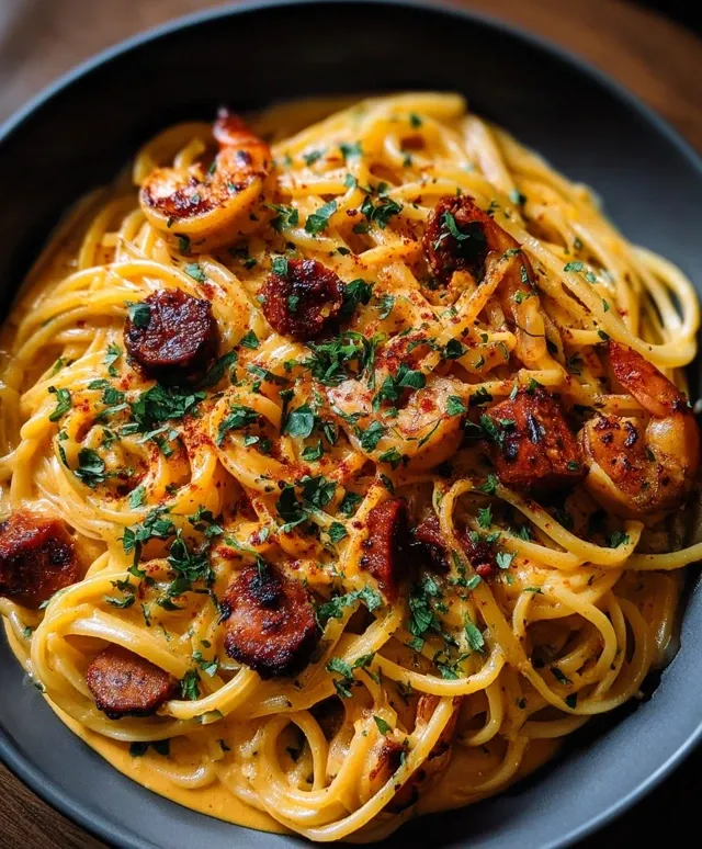 Spaghetti with Creamy Pepper Sauce, Chorizo, et Crevettes