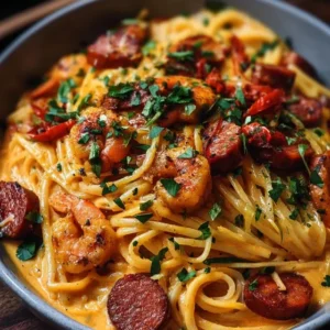 Spaghetti with Creamy Pepper Sauce, Chorizo, et Crevettes