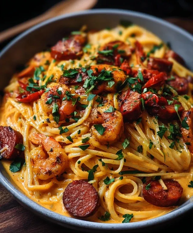 Spaghetti with Creamy Pepper Sauce, Chorizo, et Crevettes